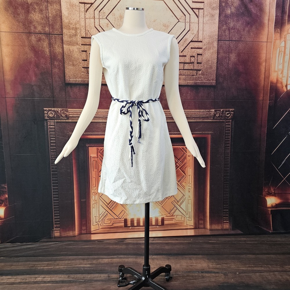 Vintage 1960's Dress Shift White Blue White Braided Belt Sleeveless Retro Pinup - Picture 9 of 13